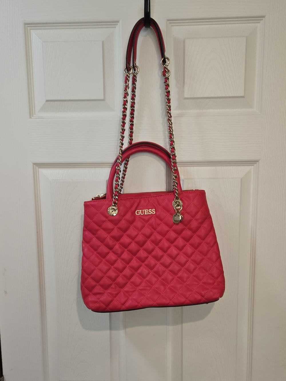 GUESS Quilted Satchel in Fuchsia Pink with Silver Hardware